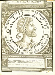 Otho II, Illustration aus Imperatorum romanorum omnium orientalium et occidentalium verissimae imagines ex antiquis numismatis, Holzschnitt von Rudolph Wyssenbach, gedruckt von Andreas Gesner, Zürich, 155